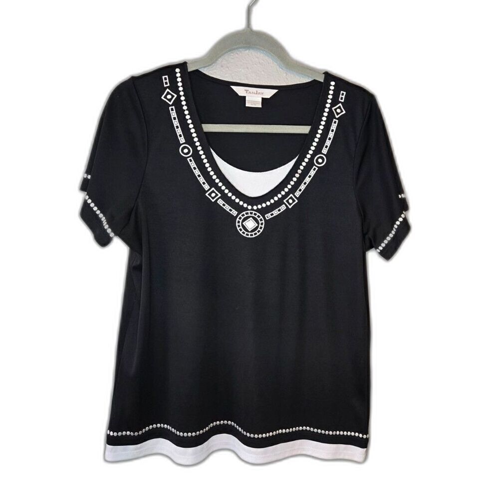 Tanjay Women's Black and White Embroidered Short Sleeve Shirt Size Medium